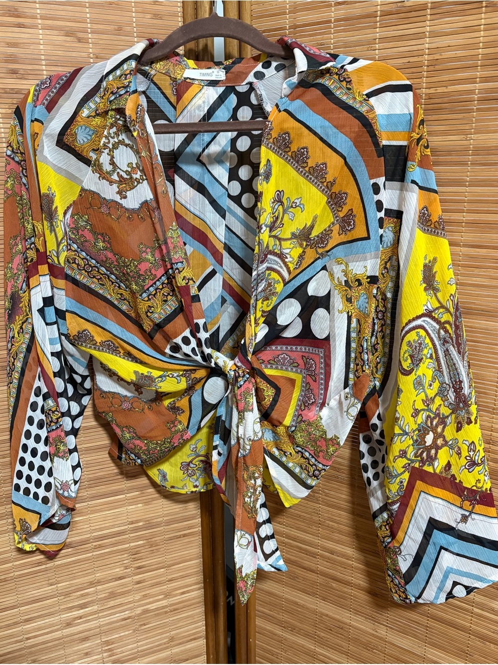 Timing Multicolor Print Tie-Front Blouse - Yellow, Brown, Blue, Black, White